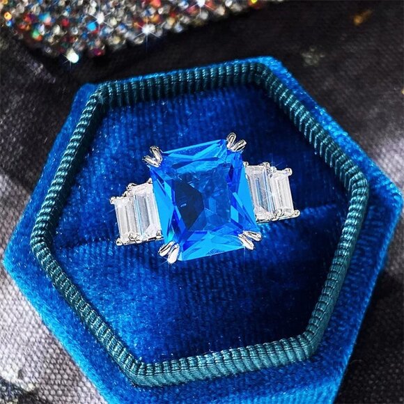 💎925 Silver Plated Iced Out CZ Blue Crystal Wedding Ring, MARR9449 - Picture 3 of 7